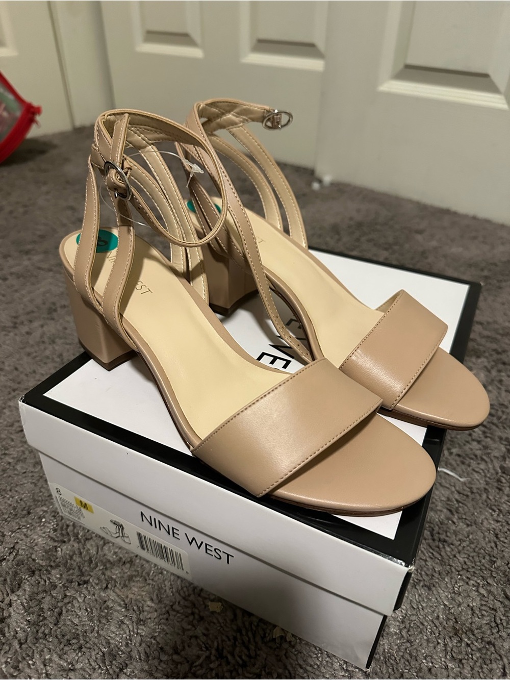 Nine West Beige Block Heel Sandals with Ankle Strap